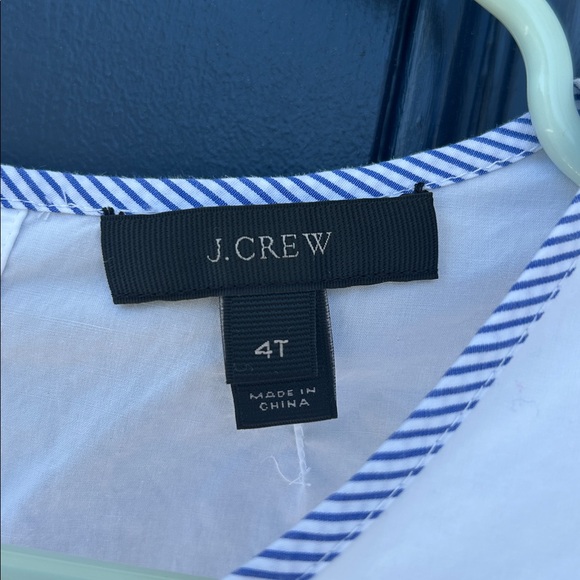 JCrew Tipped Button-Back Bell Sleeve White Cotton Top with blue trim - Picture 9 of 13